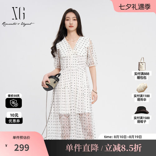 XG雪歌XK204642B892蕾丝拼接连衣裙时尚夏季新款波点短袖中长裙女
