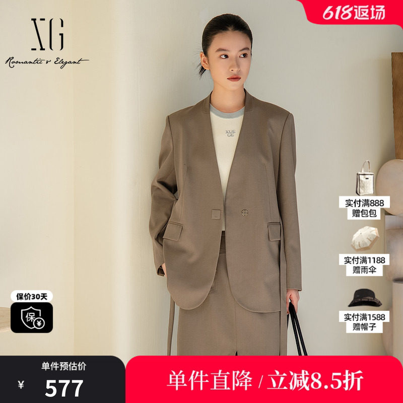 XG/雪歌XL107011A285 灰绿色羊毛混纺休闲西装通勤收腰长袖外套女