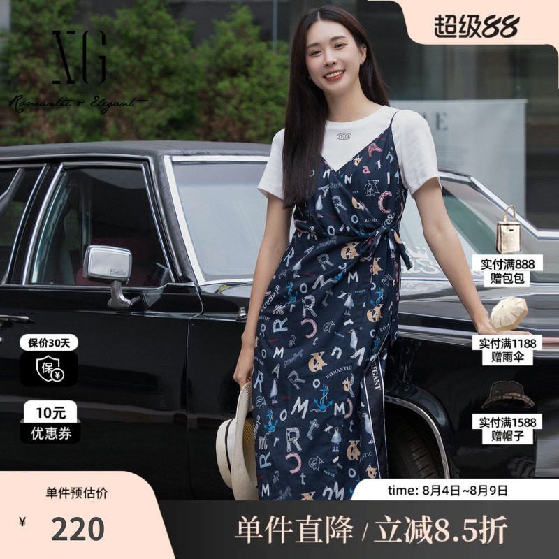 XG/雪歌XJ204063B997印花短袖连衣裙时尚夏季新款两件套吊带裙女