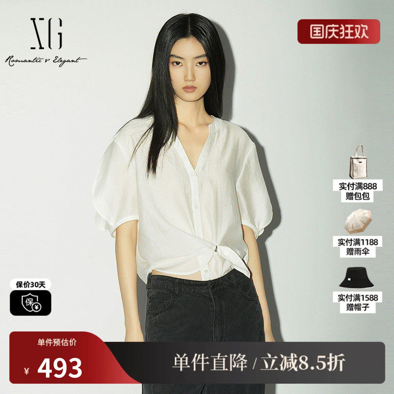 XG/雪歌XL221024A251白色短袖V领衬衫直筒灯笼袖莱赛尔扭结上衣女