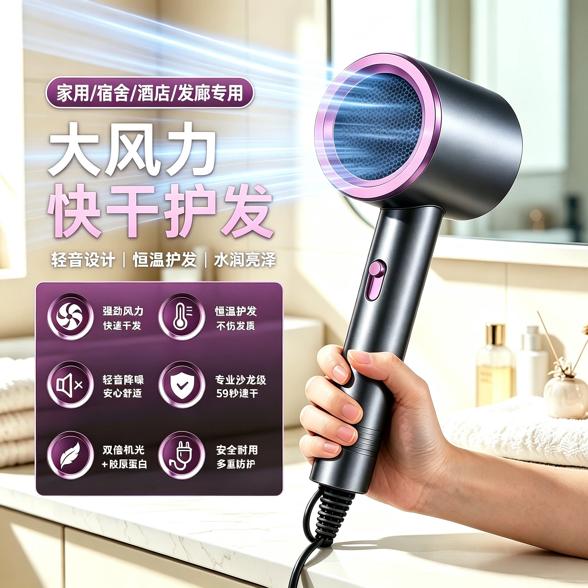 负离子强力吹风机家用学生宿舍静音速干发廊专业沙龙级护发电吹风