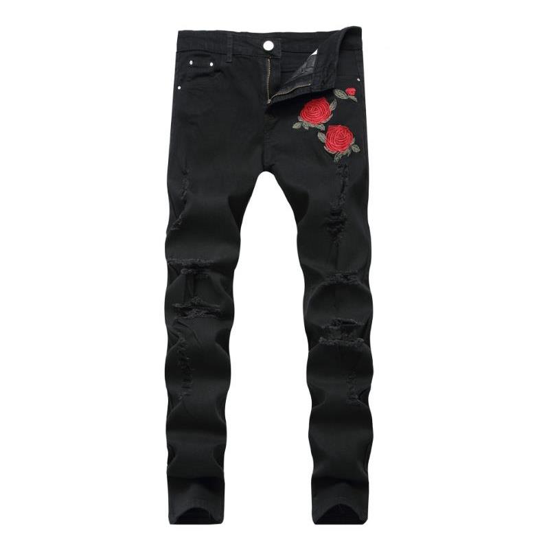 Men Rose Embroidered Ripped Jeans 男士玫瑰花刺绣修身牛仔裤