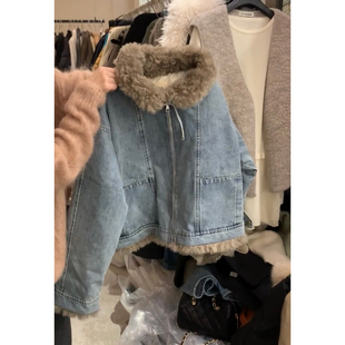 羊羔毛领牛仔羽绒派克服女短款时尚宽松百搭保暖外套2025冬季新款