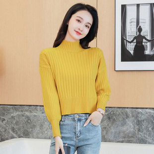 宽松毛衣女长袖打底衫高腰短款上衣2026秋冬加厚保暖半高领针织衫