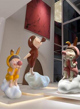 卡通云朵吹泡泡兔耳女孩摆件可爱云朵小孩玻璃钢人物雕塑酒店装饰