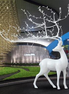 大型不锈钢镂空梅花鹿摆件园林景观别墅酒店会所装饰几何麋鹿雕塑