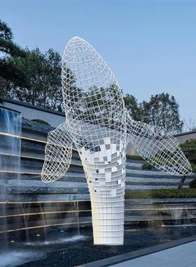 户外不锈钢鲸鱼雕塑镂空网格海豚章鱼发光摆件广场售楼部水景装饰