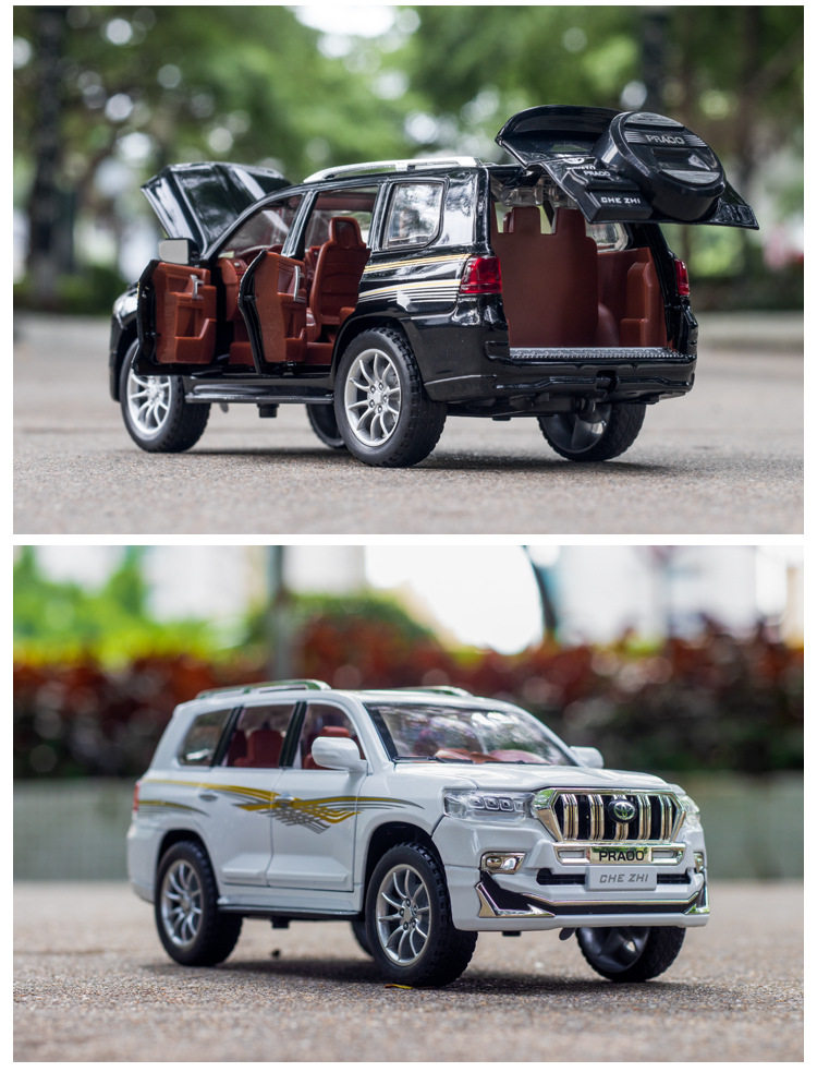 1比24黑白色霸道普拉多车模型合金玩具带声音灯后备箱车门可打开
