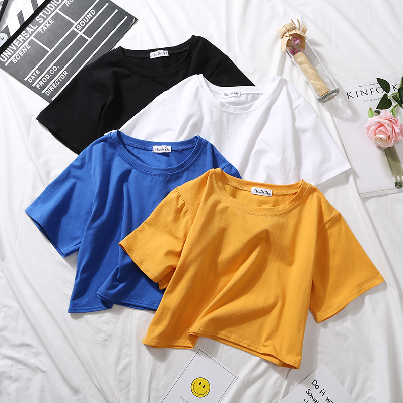 O Neck High Waist Crop Top Tee Female Casual Loose T Shirt