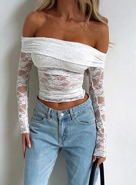 Perspective lace one shoulder top 女士白色透视蕾丝一字肩上衣