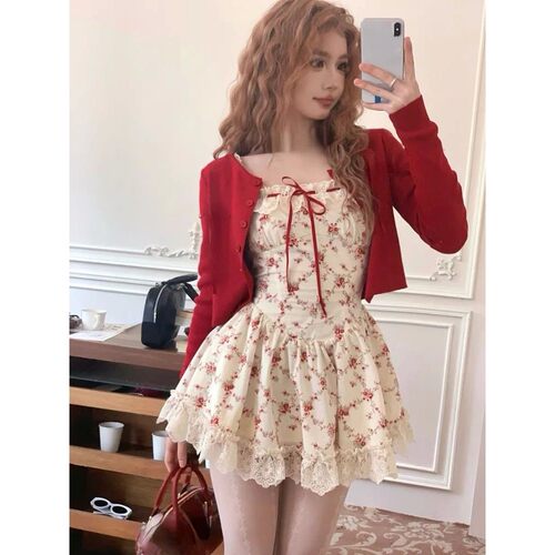 春夏欧美碎花无袖收腰卡igan套装