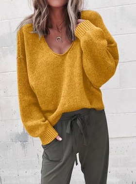 Solid color V-neck long sleeved  sweater 纯色V领长袖套头毛衣