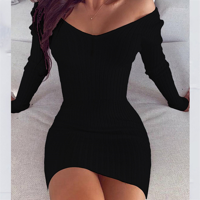 Autumn Pure Color Long Sleeve V Neck Black Slim Dress 连衣裙
