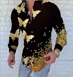 shirt men 衬衫 拼色长袖 3D印花男士 blocked color printed