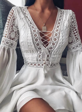 Dress Plunge V-Neck Long Sleeve Crochet Lace Dress Black2021