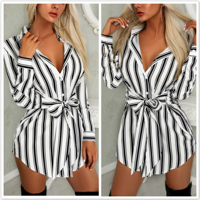 Shirt Dress V-neck Stripe Print Summer Mini Dress Shirtdress