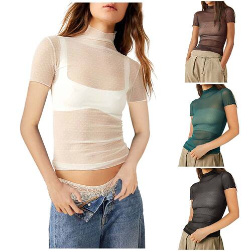Mesh semi high neck slim fit top for women网纱半高领修身上衣