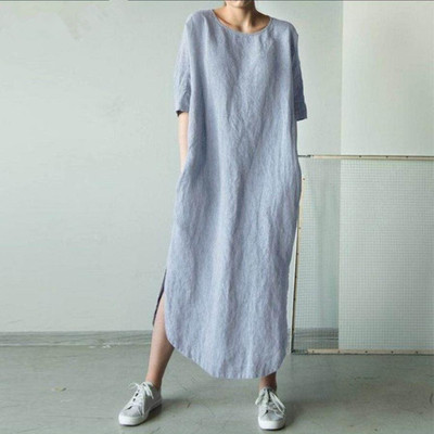 Round Neck Solid Side Slit  Dress 圆领侧开叉中长款连衣裙