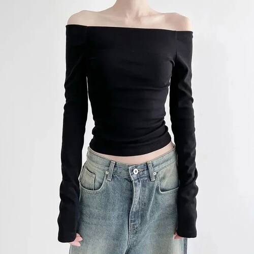 One neck solid color off shoulder slim fit top一字领修身上衣