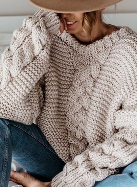 V-Neck Sweater Chunky Cable Knit Solid Color Jumper Top 女士