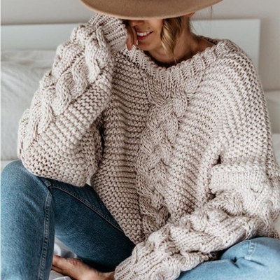 V-Neck Sweater Chunky Cable Knit Solid Color Jumper Top 女士