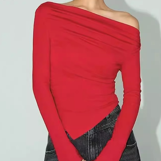 Solid color off shoulder long sleeved top 纯色露肩长袖上衣女