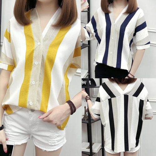 Leisure Loose Blouse White Shirt TopsV领条纹宽松衬衫女短袖