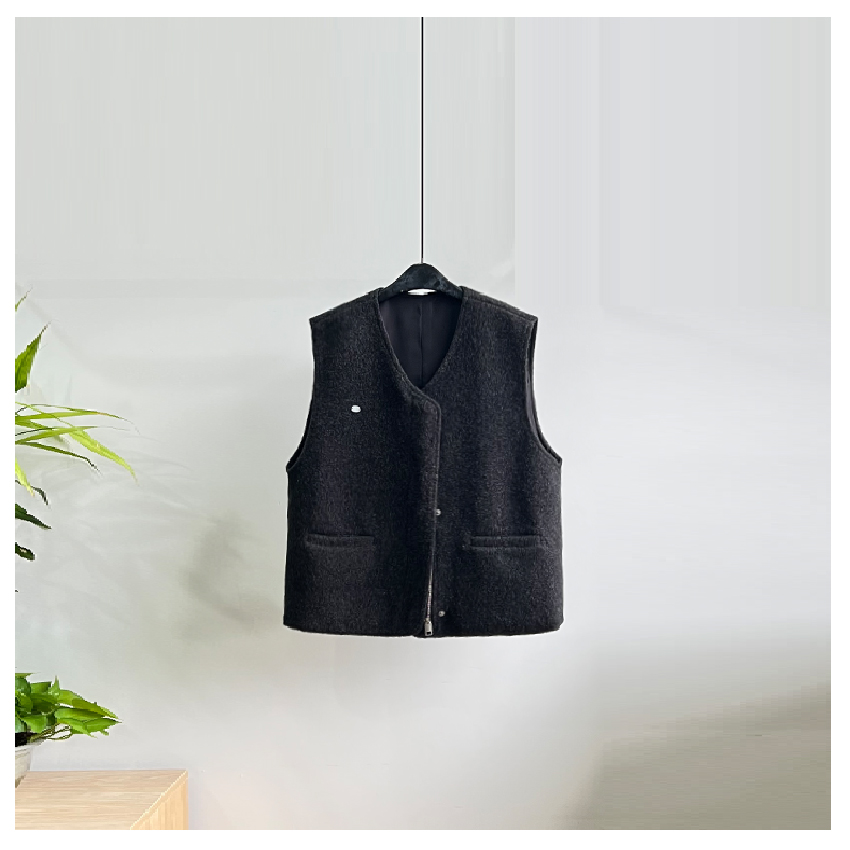 林小雅原创绵羊毛混纺无袖宽松圆领马甲背心外套女设计感叠穿上衣