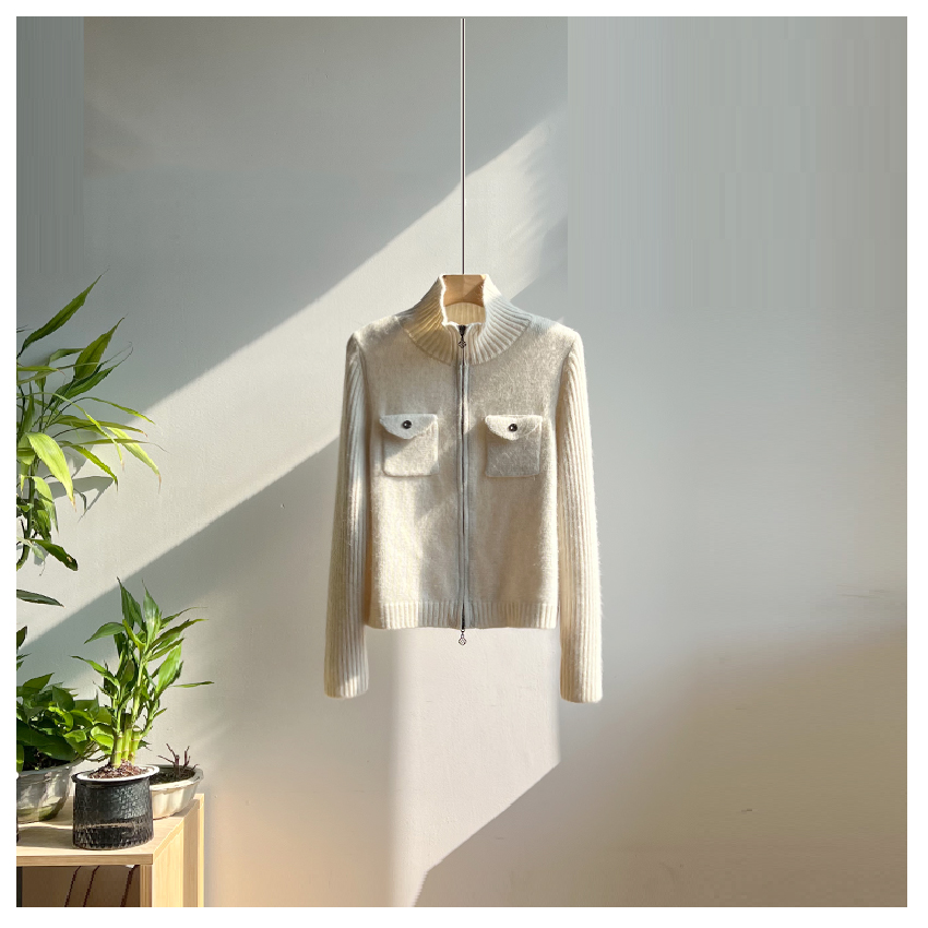 林小雅冬季气质小众极简显瘦遮肉高领绵羊毛双拉链针织厚开衫外套