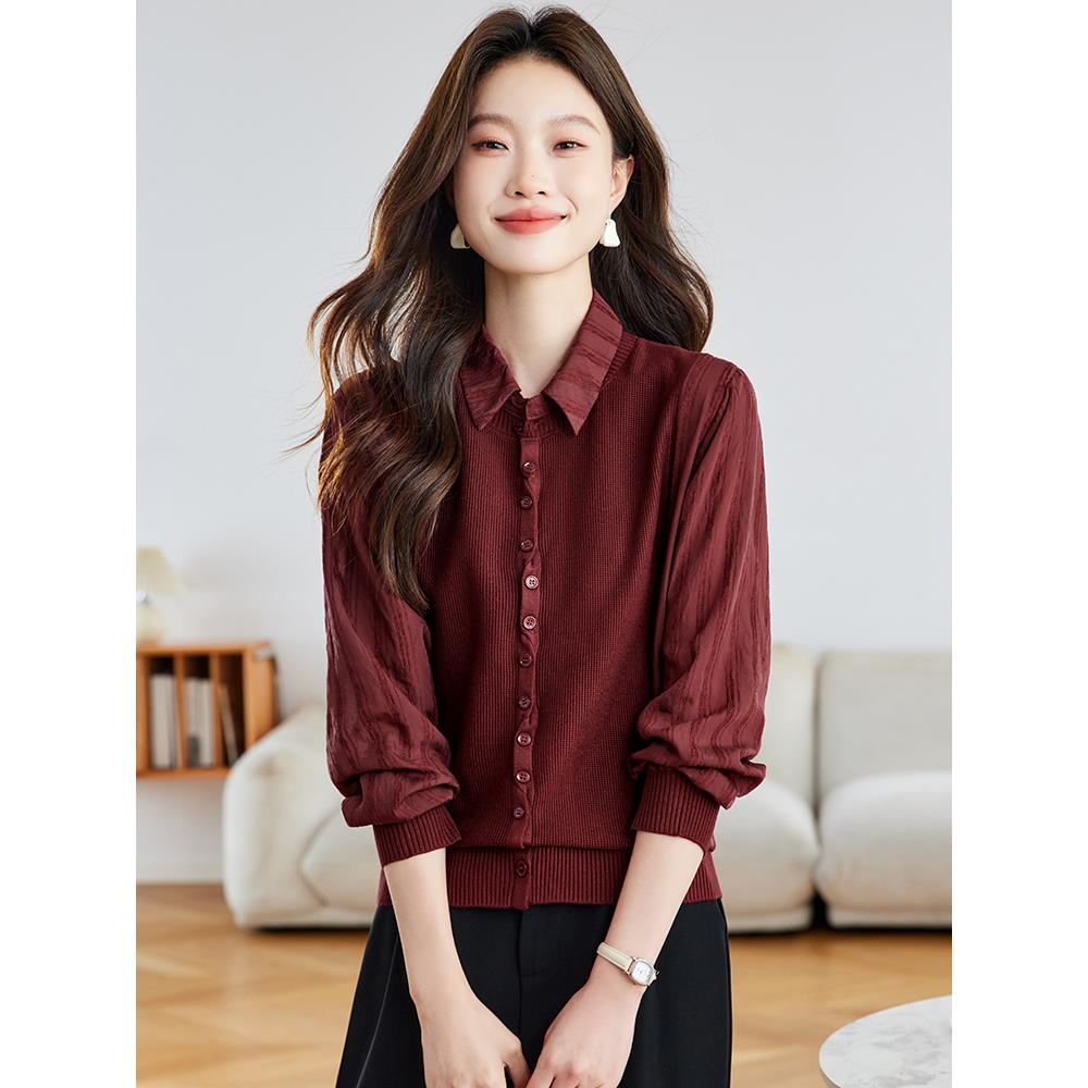 JOYIASS2025秋季新款高级感上衣针织衫拼接衬衣假两件宽松时尚翻