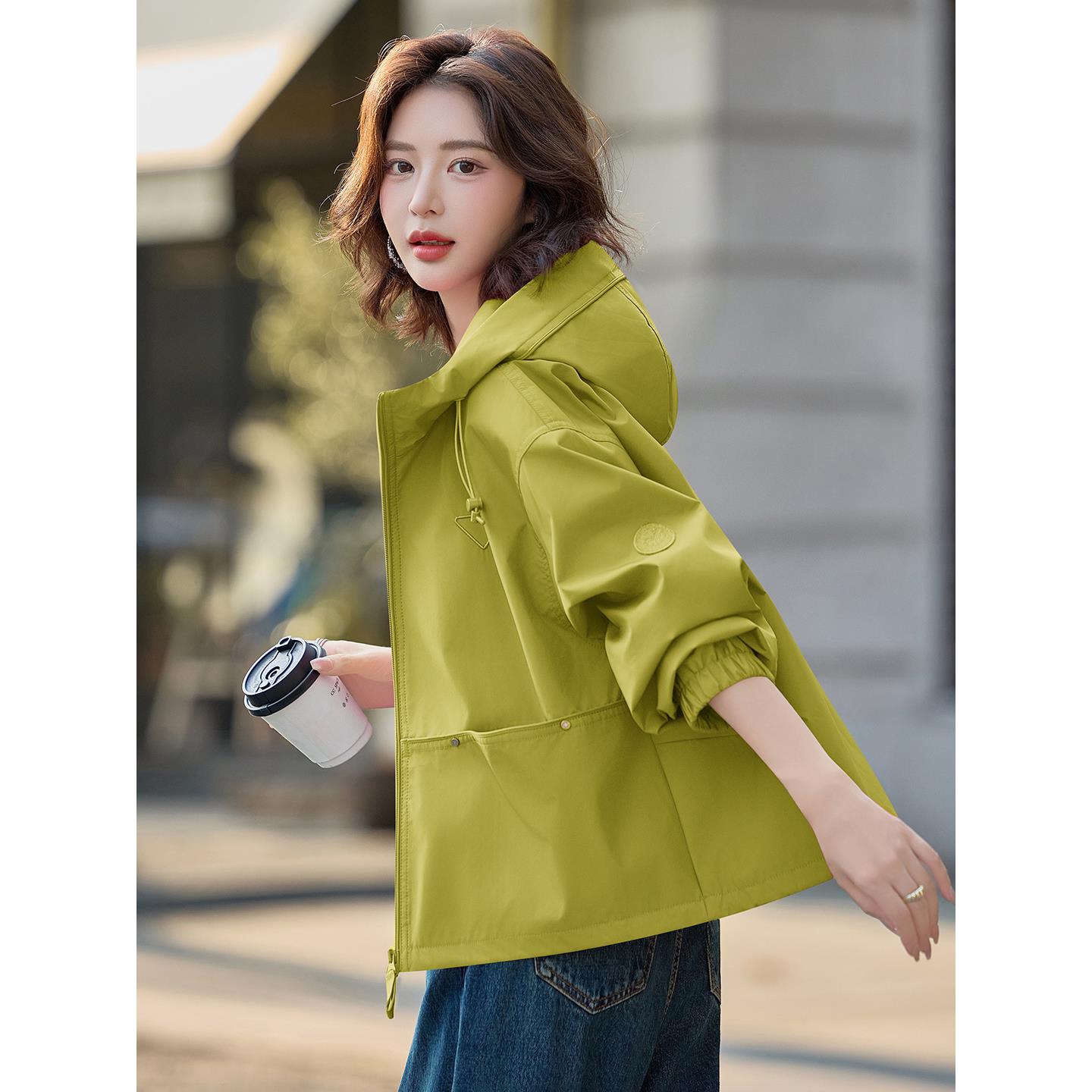 JOYIASS玫红色连帽风衣短外套女2025秋季新款小个子时尚宽松休闲