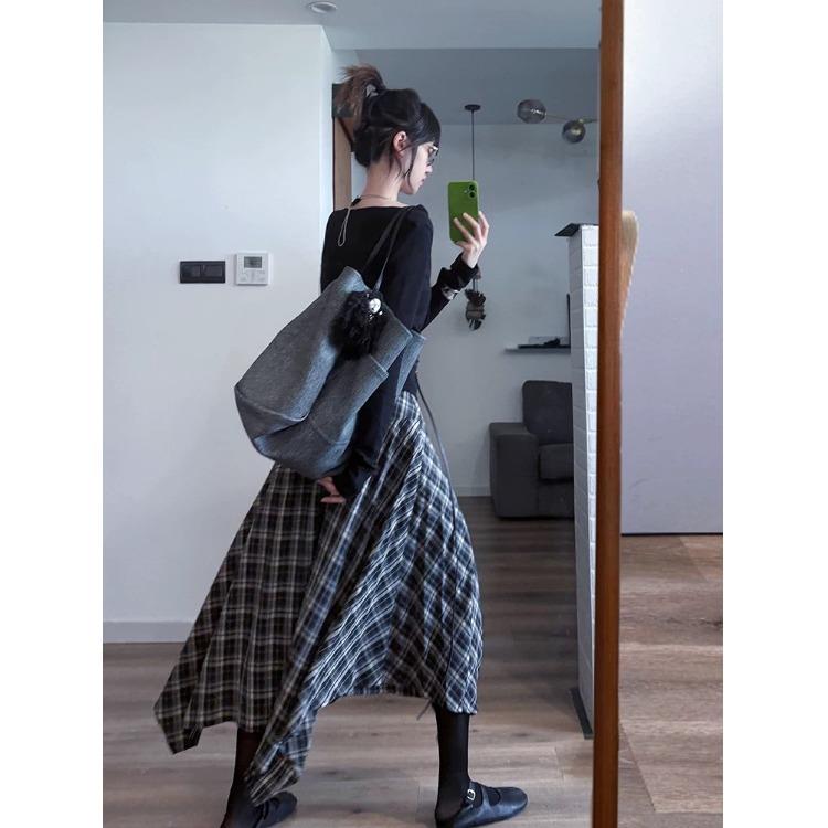 JOYIASS日系穿搭ootd一整套装女秋季松弛感黑色长袖上衣格纹半身