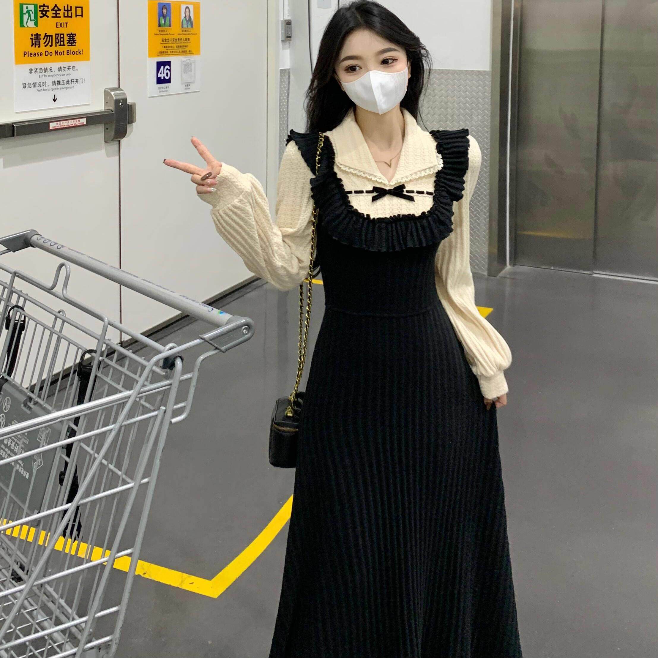 JOYIASS春秋法式拼接假两件小黑裙大码女装胖妹妹收腰显瘦打底连
