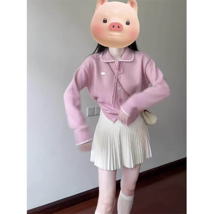 JOYIASS粉色针织开衫毛衣上衣女秋季学院风早秋内搭打底衫百褶半