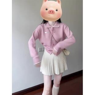 JOYIASS粉色针织开衫毛衣上衣女秋季学院风早秋内搭打底衫百褶半