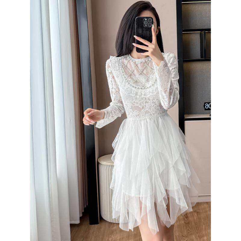 JOYIASS高级感巨好看网纱礼服连衣裙女秋冬法式重工钉珠亮闪闪生