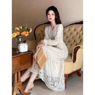 JOYIASS温柔风长袖白色蕾丝连衣裙女秋冬高级感小香风法式高端精
