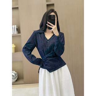 JOYIASS高级小众覆古长袖牛仔衬衫女早秋季系带收腰不规则设计感