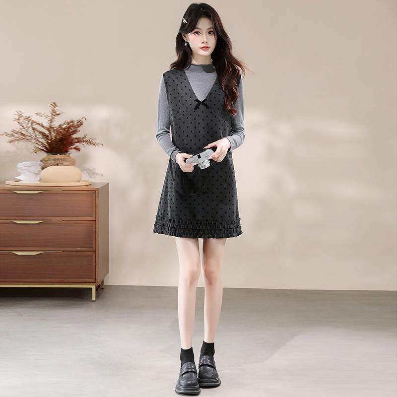 JOYIASS小个子韩系穿搭一整套连衣裙女秋冬长袖针织衫波点背心裙