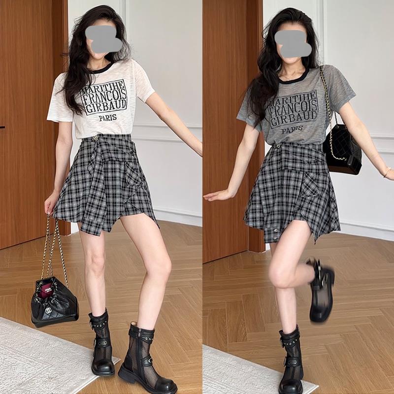 RIERA美式复古格子拼接短袖T恤女夏季新款设计感小众假两件半身裙