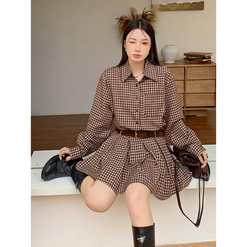 JOYIASS格子长袖早秋衬衫女套装法式休闲小众减龄衬衣百褶裙连衣