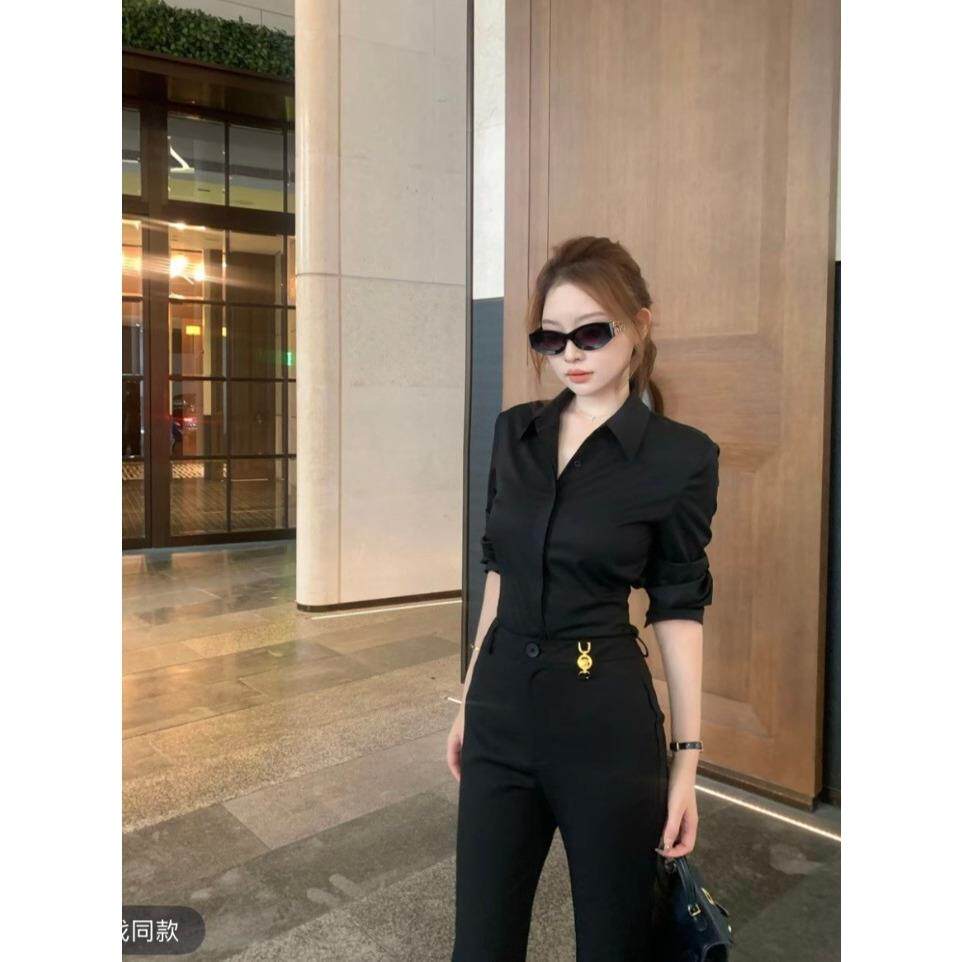 JOYIASS许研同款时尚通勤穿搭套装女秋冬长袖衬衫高腰微喇西装长