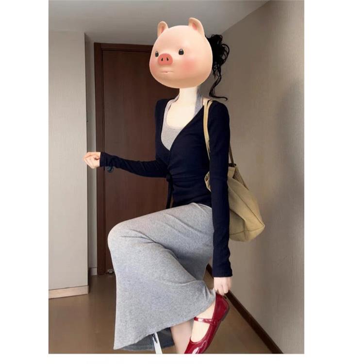 JOYIASS韩系简约针织挂脖吊带连衣裙两件套女秋季ootd穿搭一整套