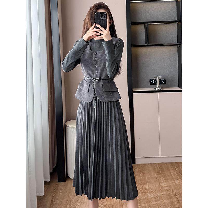 JOYIASS小香风高级感马甲套装裙女秋冬长袖百褶连衣裙韩系穿搭两