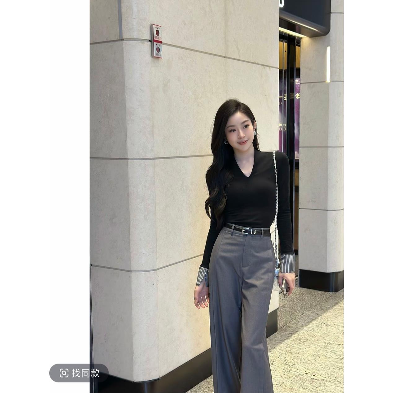 JOYIASS条纹拼接长袖v领t恤上衣女秋季通勤显瘦休闲百搭显瘦休闲