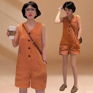 RIERA夏季 設(shè)計(jì)感苧麻單排扣無(wú)袖 連體褲 女寬松顯瘦休閑高級(jí)感 韓版