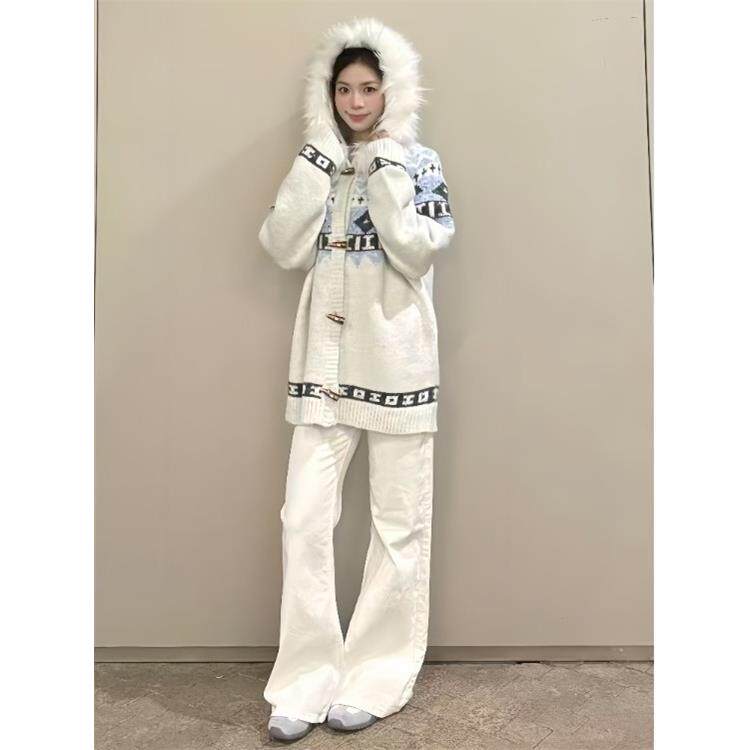 JOYIASS美式费尔岛连帽毛衣外套女秋冬搭配一整套韩系穿搭慵懒风