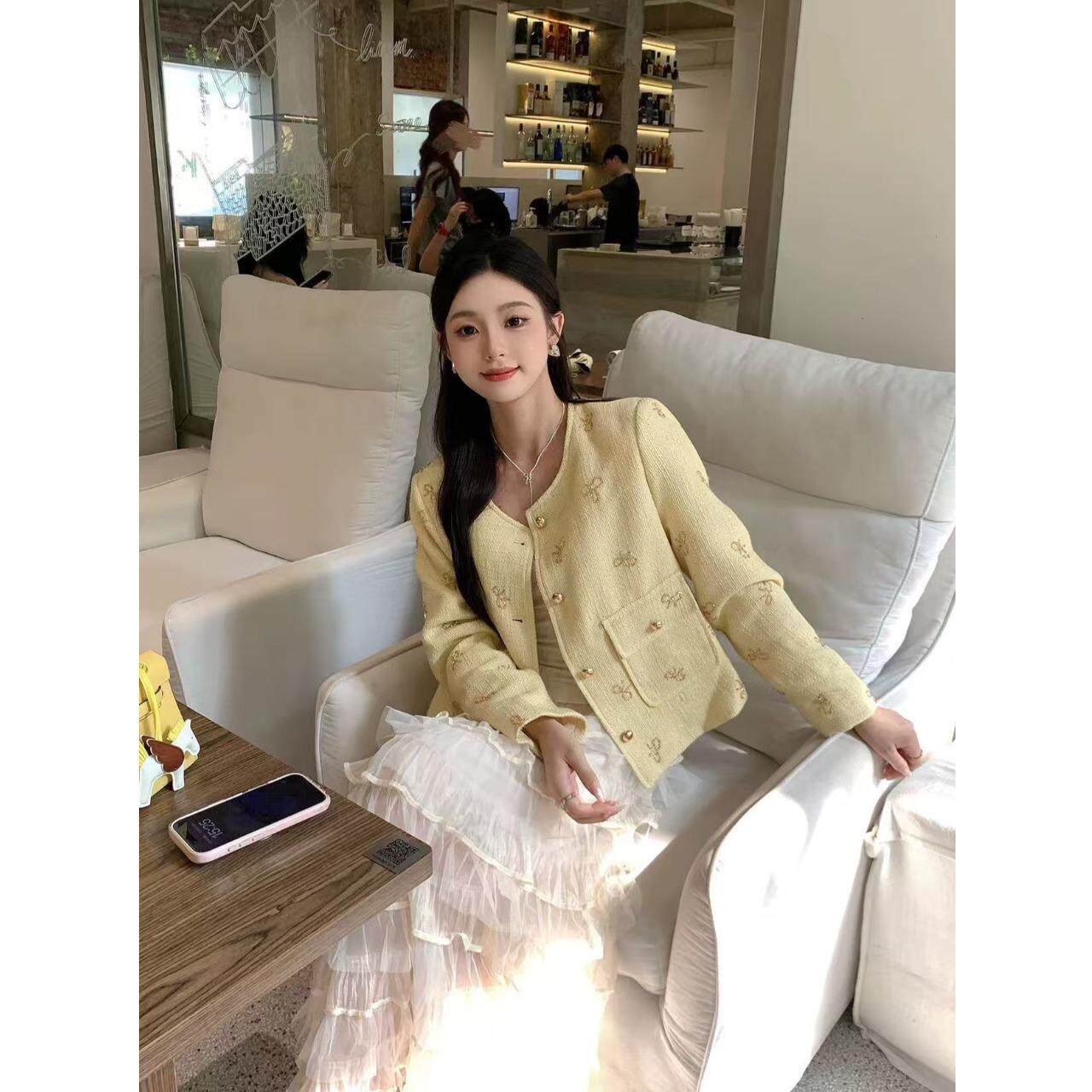 JOYIASS黄色小香风短外套女秋季高级感韩系上衣网纱蓬蓬蛋糕裙法