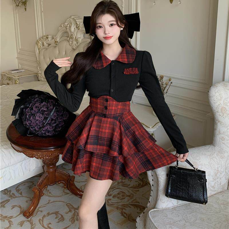 JOYIASS春秋法式纯欲jk制服套装大码胖mm收腰蓬蓬短裙显瘦衬衫上