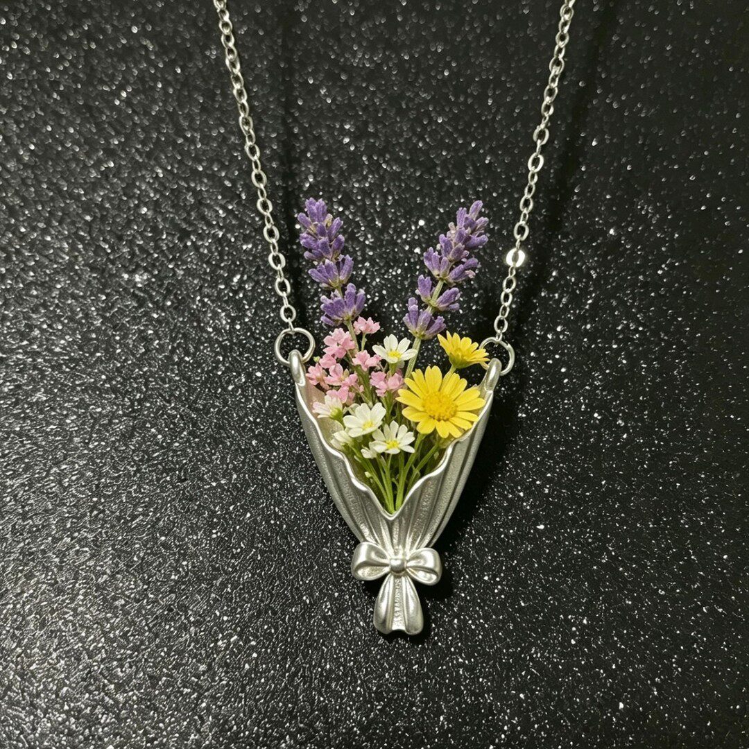 宣宁磨砂波浪小众插花花束项链